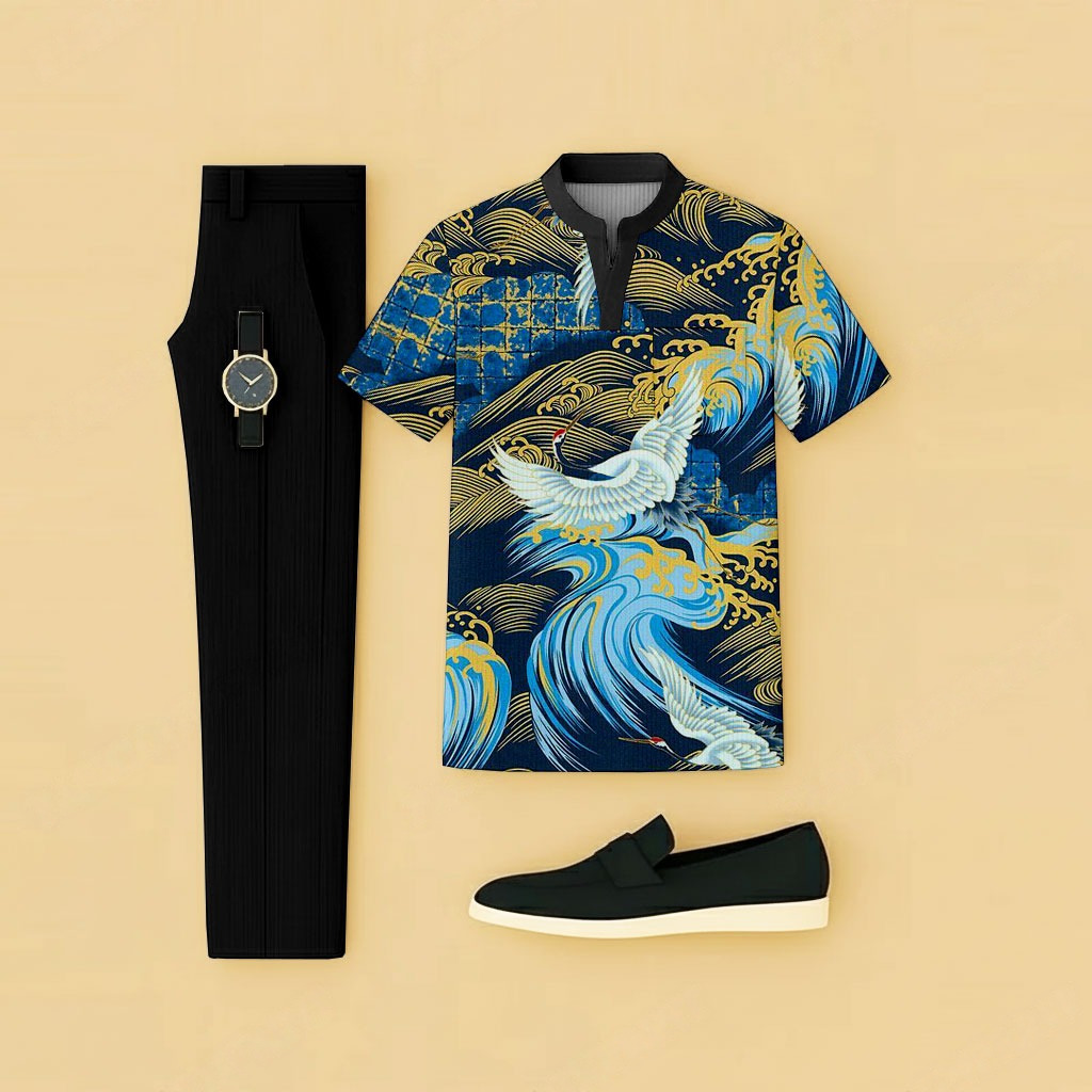 Conjunto de dos piezas casual Black & Blue Bird estampado de manga corta camiseta And pantalón para hombre