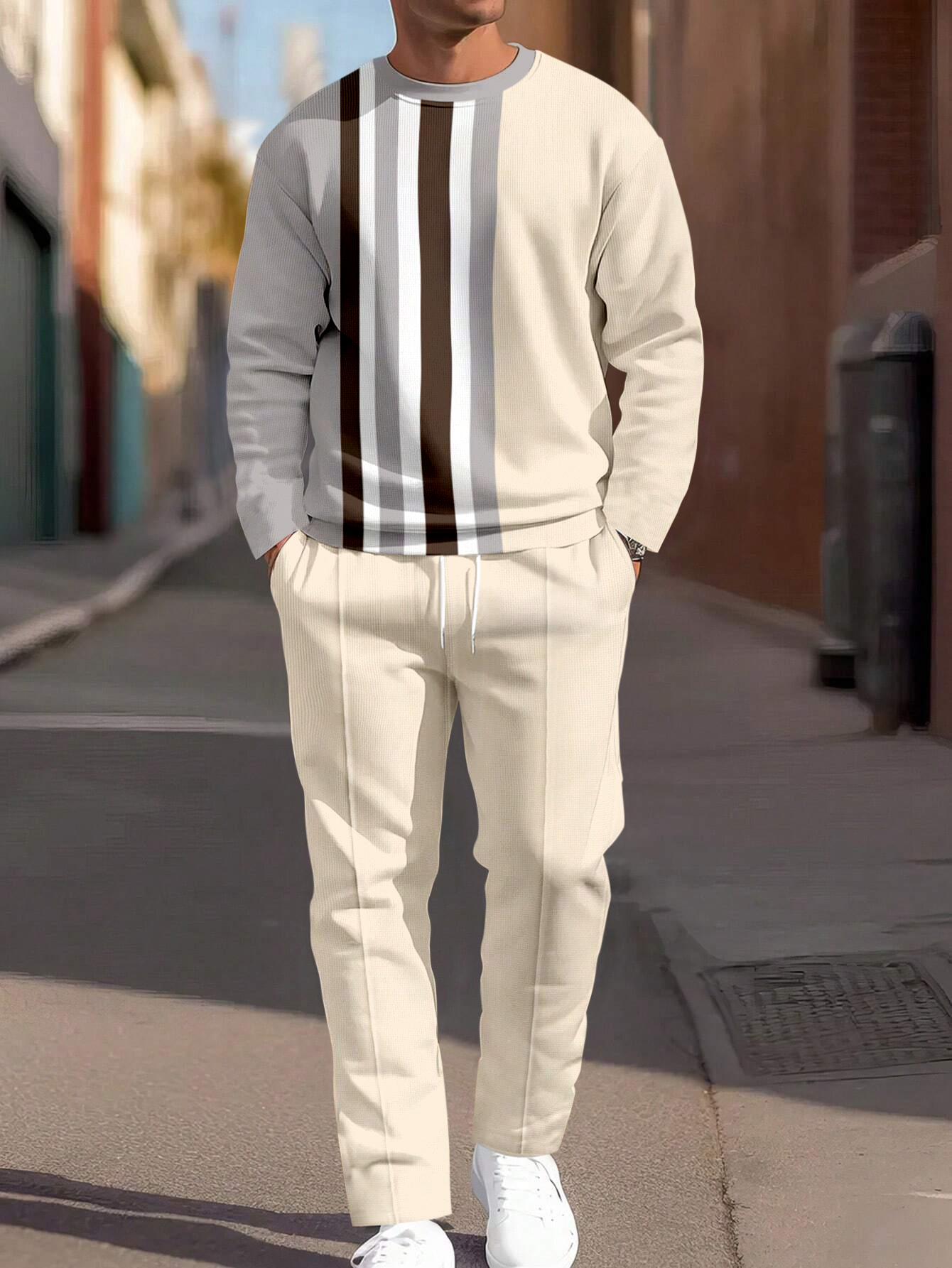 Simple Colorblock Round Neck casual Sports Set 072 para hombre