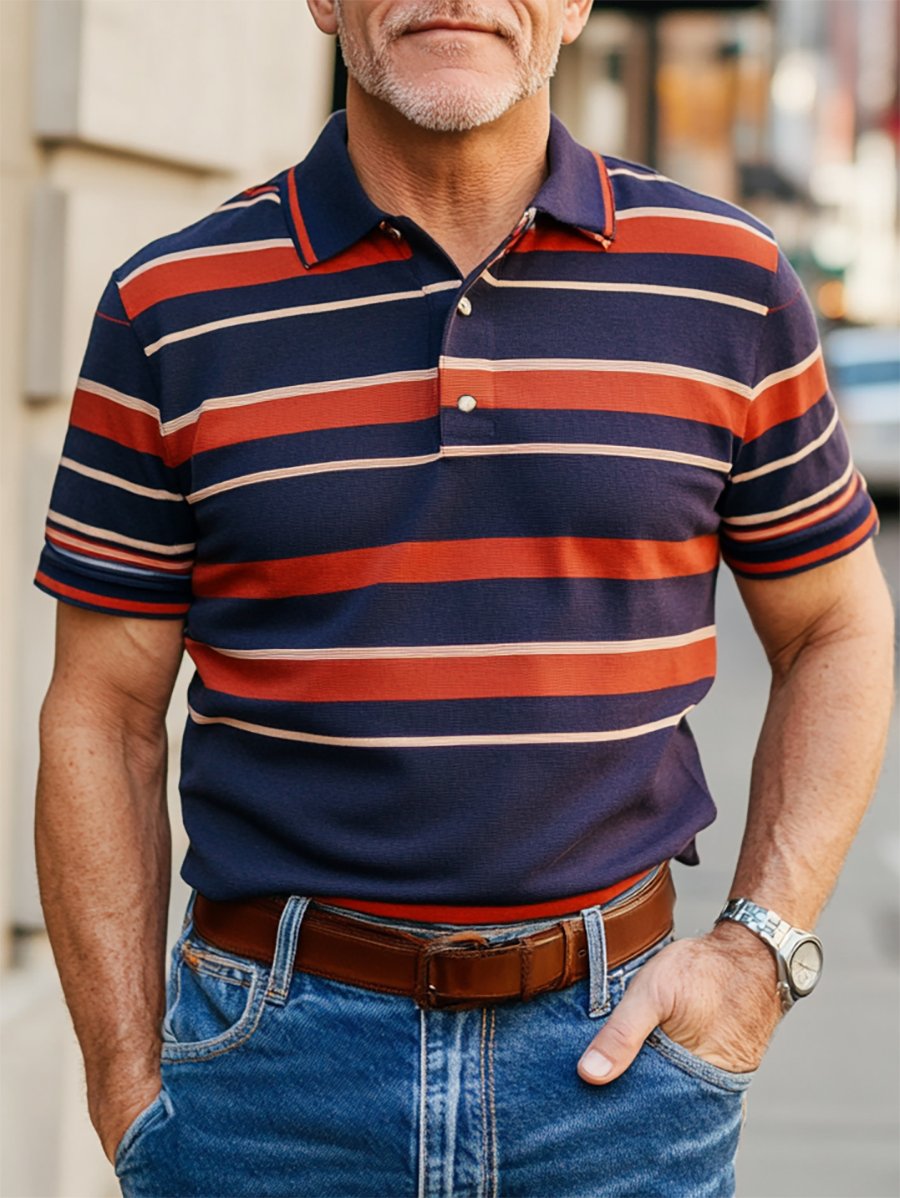 Camisa polo casual ejecutivo rayas estampado con botones de manga corta para hombre