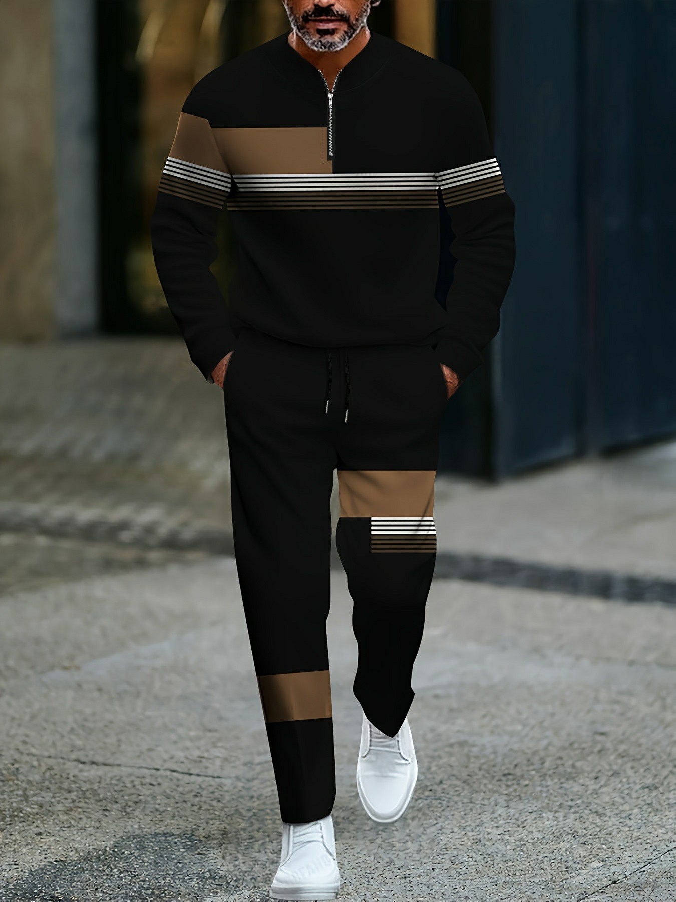 Conjunto de dos piezas casual Black & Coffee Color Matching a rayas estampado Round-Neck Zipper de manga larga Trousers para hombre
