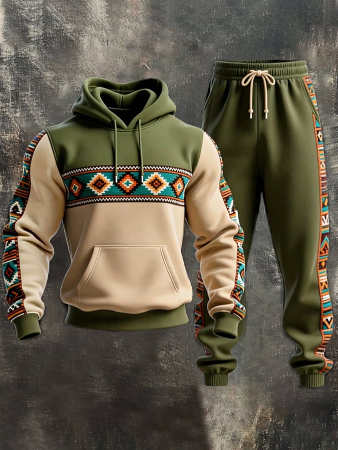 Sudadera retro desgastado Contrast Color Hooded casual Set para hombre