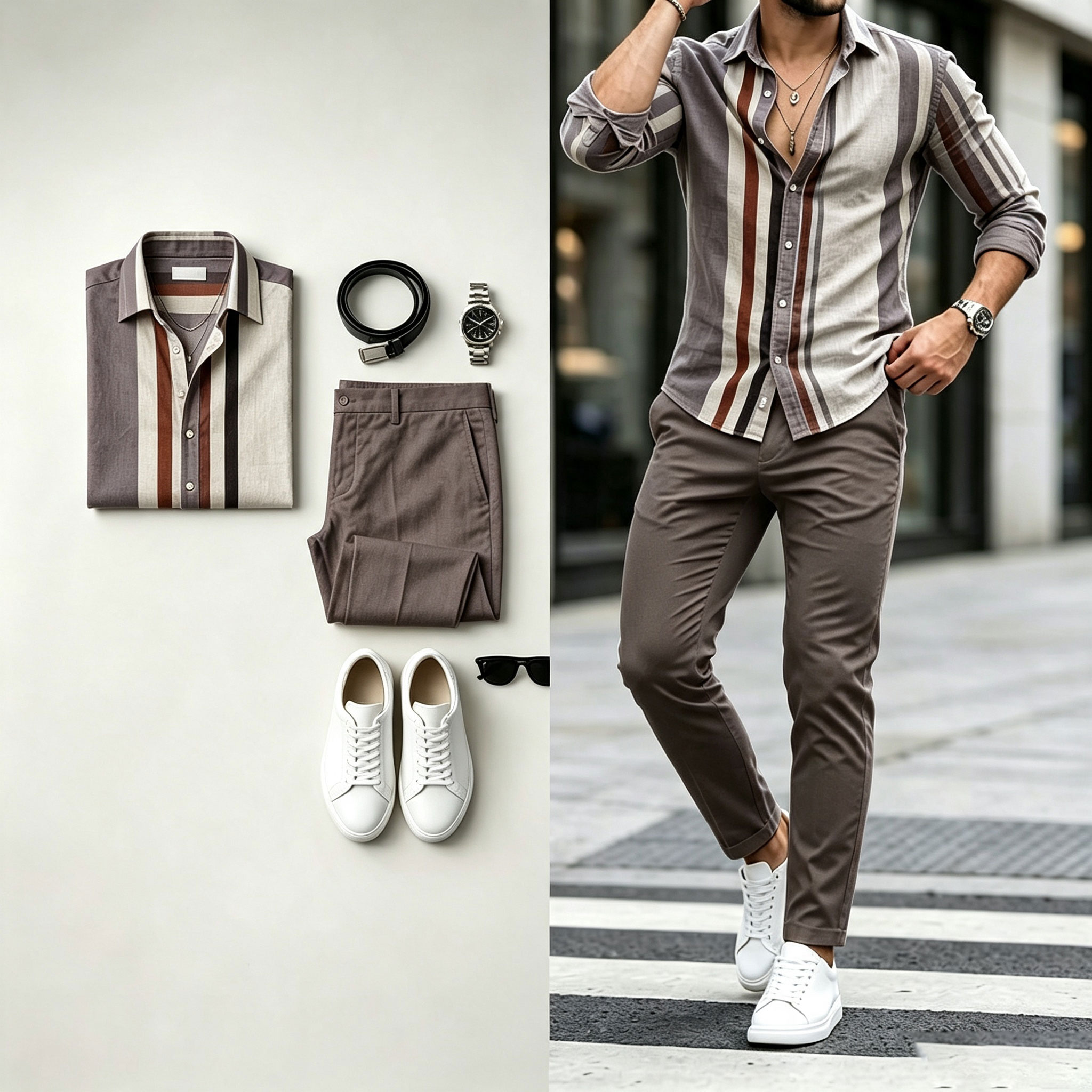 para hombre a rayas Print de manga larga camisa and pantalón Set