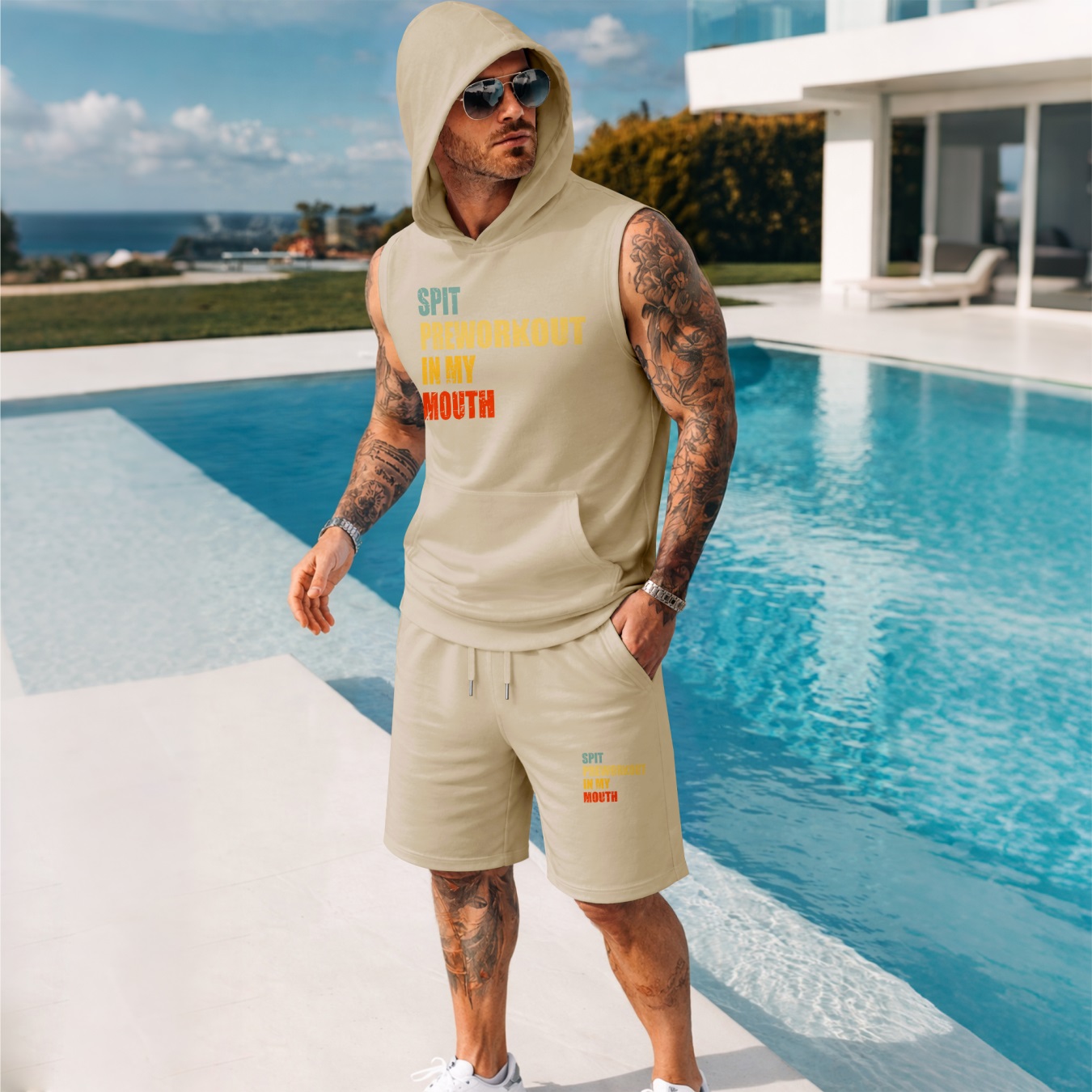 Sudadera con capucha Sleeveless & shorts Set – “Spit Prepara trabajoout in My Mouth” Graphic, Summer Two-Piece Activewear, casual Streetwear, Regular Fit Gym & Sport de moda, Lightweight Outfit para hombre