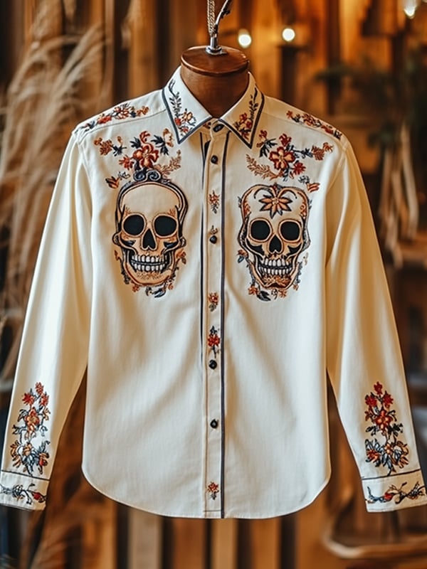 Camisa para exterior vintage Skull and floral estampado de manga larga para hombre