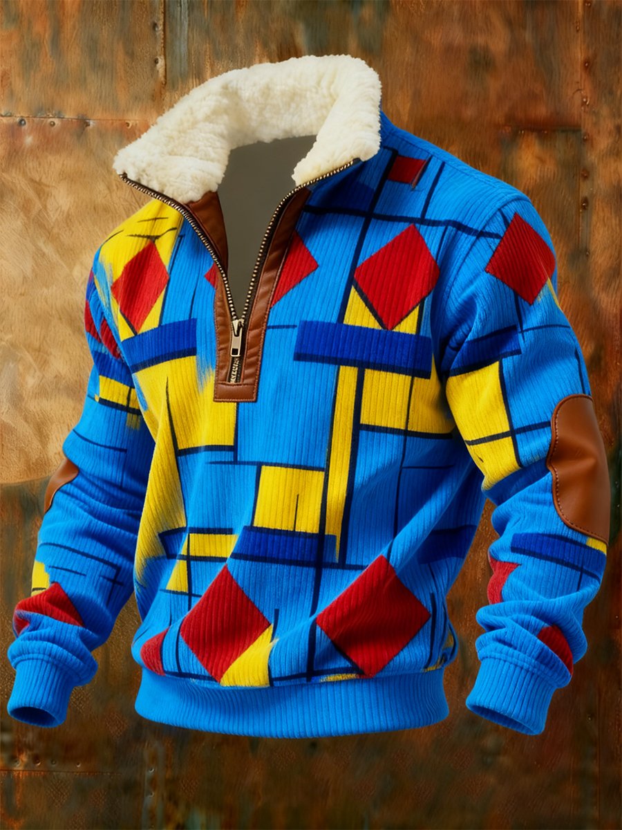 Sudadera retro geométrico Quarter Zip polar Neck para hombre
