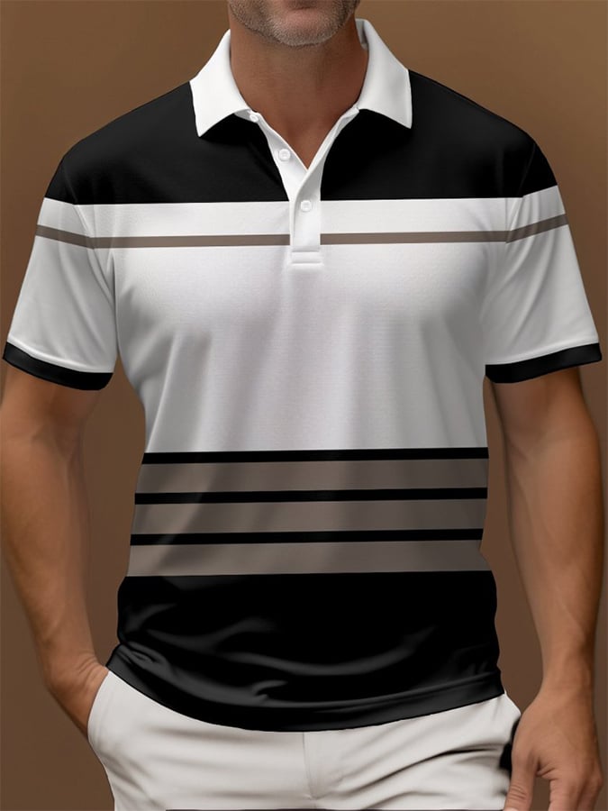 Camisa polo vintage a rayas Button de manga corta para hombre