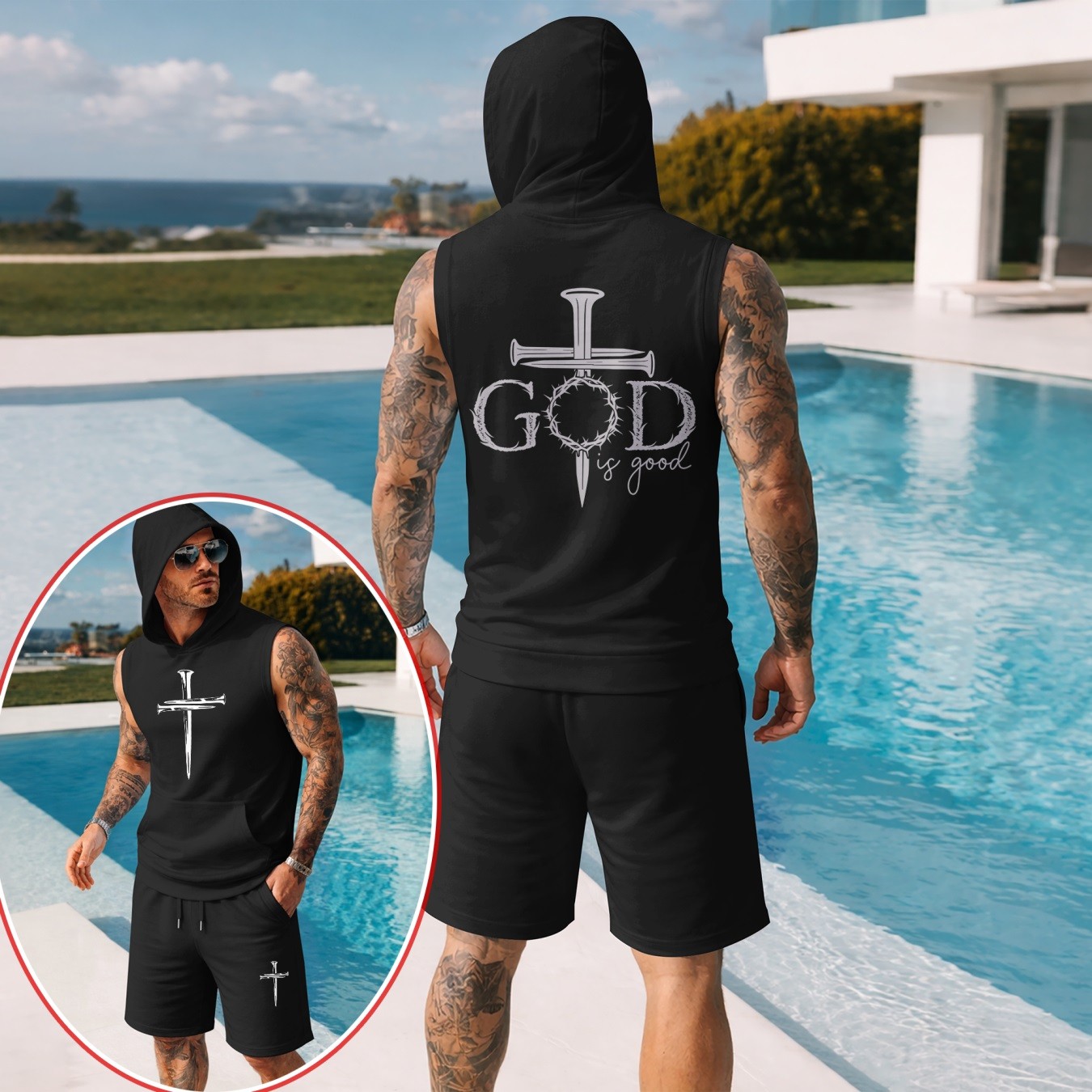 Conjunto de dos piezas Summer – Sleeveless sudadera con capucha & shorts, Faith & Prayer-Inspired Cross Design, casual Regular Fit Summer Outfit, Athletic Streetwear, Lightweight Summer Tracksuit para hombre