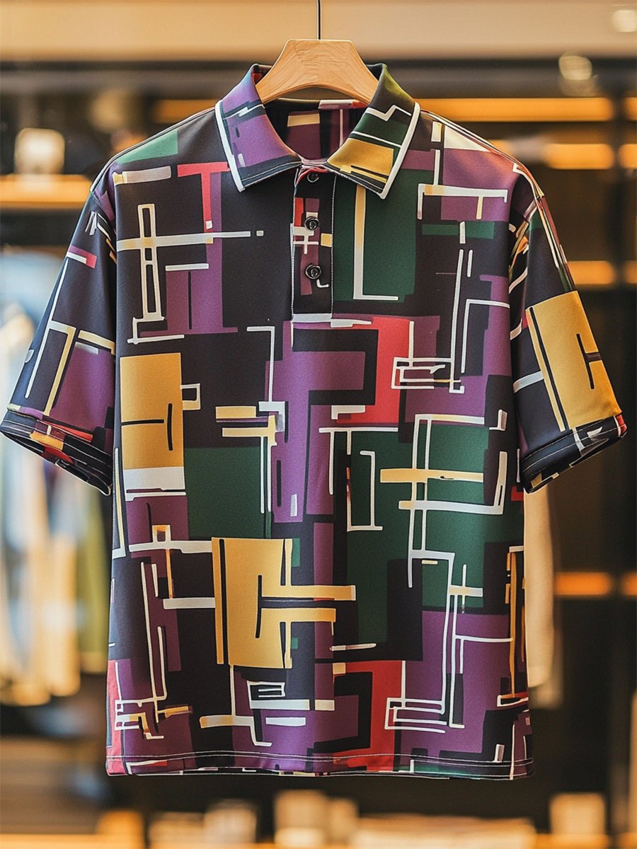 Camisa polo vintage casual Bauhaus Geometric Art Button de manga corta para hombre
