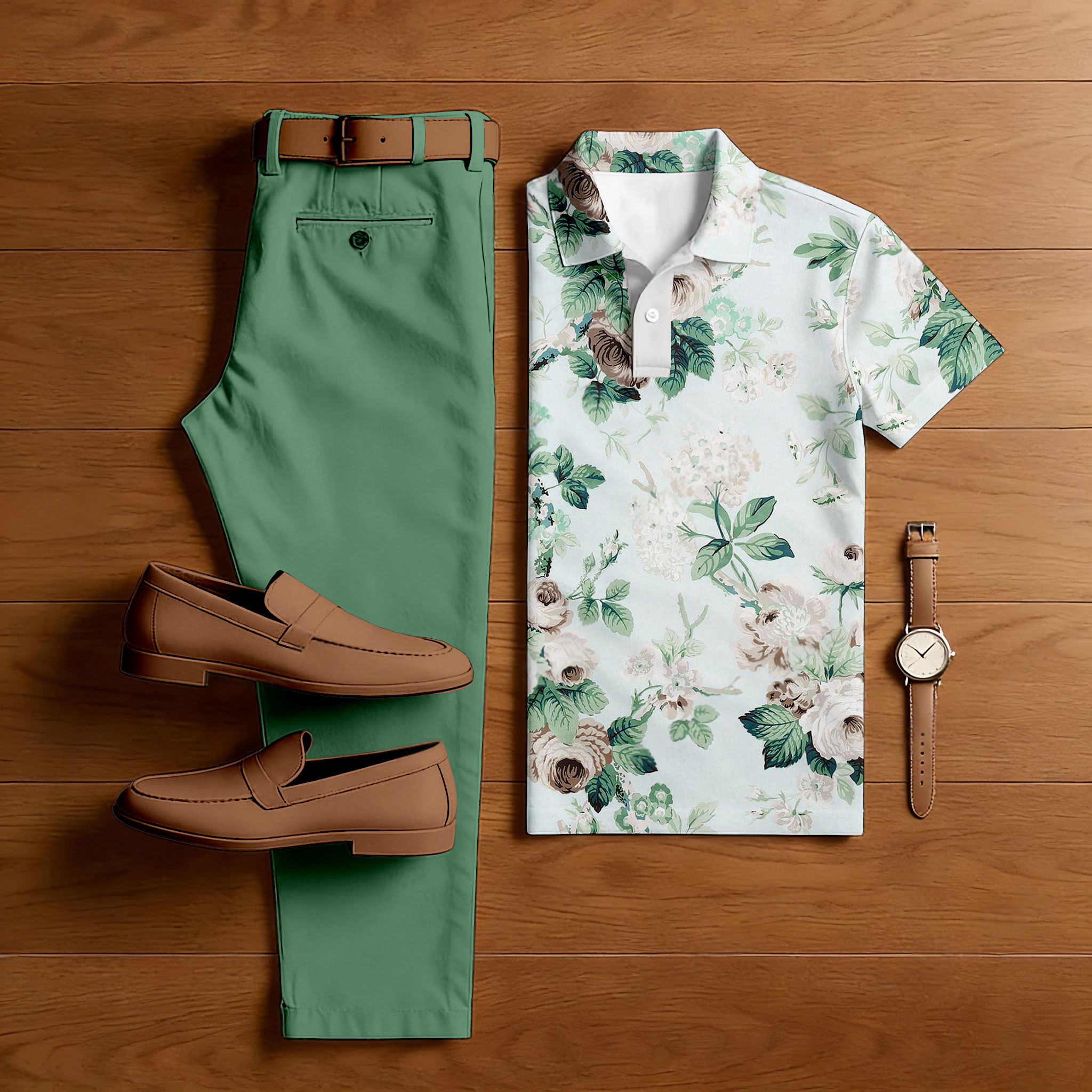 Conjunto de dos piezas casual Green Flowers estampado camisa polo And pantalón para hombre