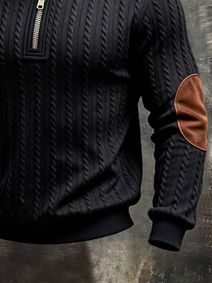 Sudadera vintage-Style texturizado Patchpara trabajo Color-Block de manga larga para hombre
