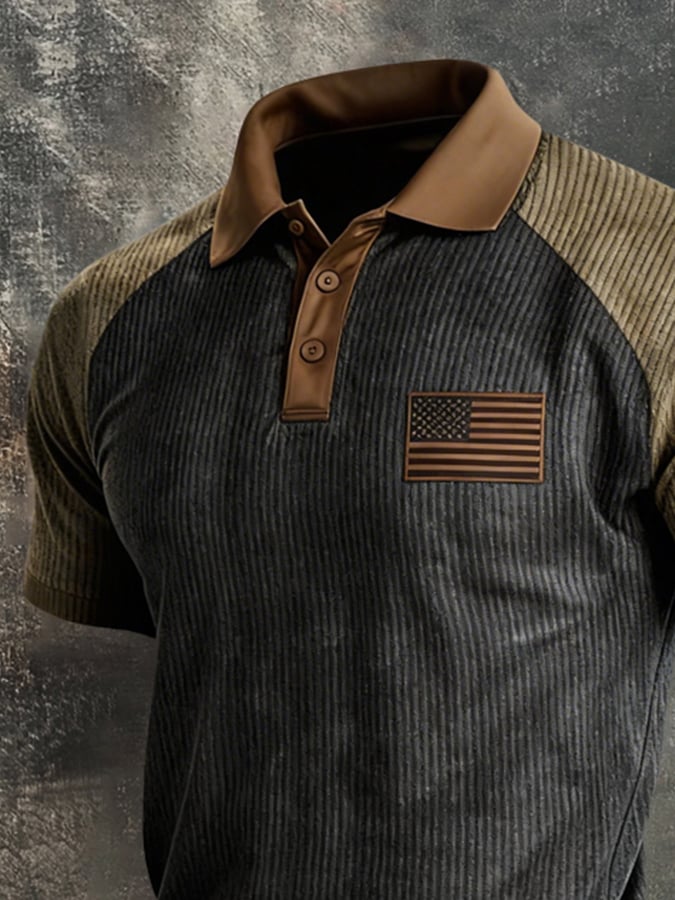 Camiseta retro Ribbed Color-Block "Patriot" Polo-Collar casual para hombre