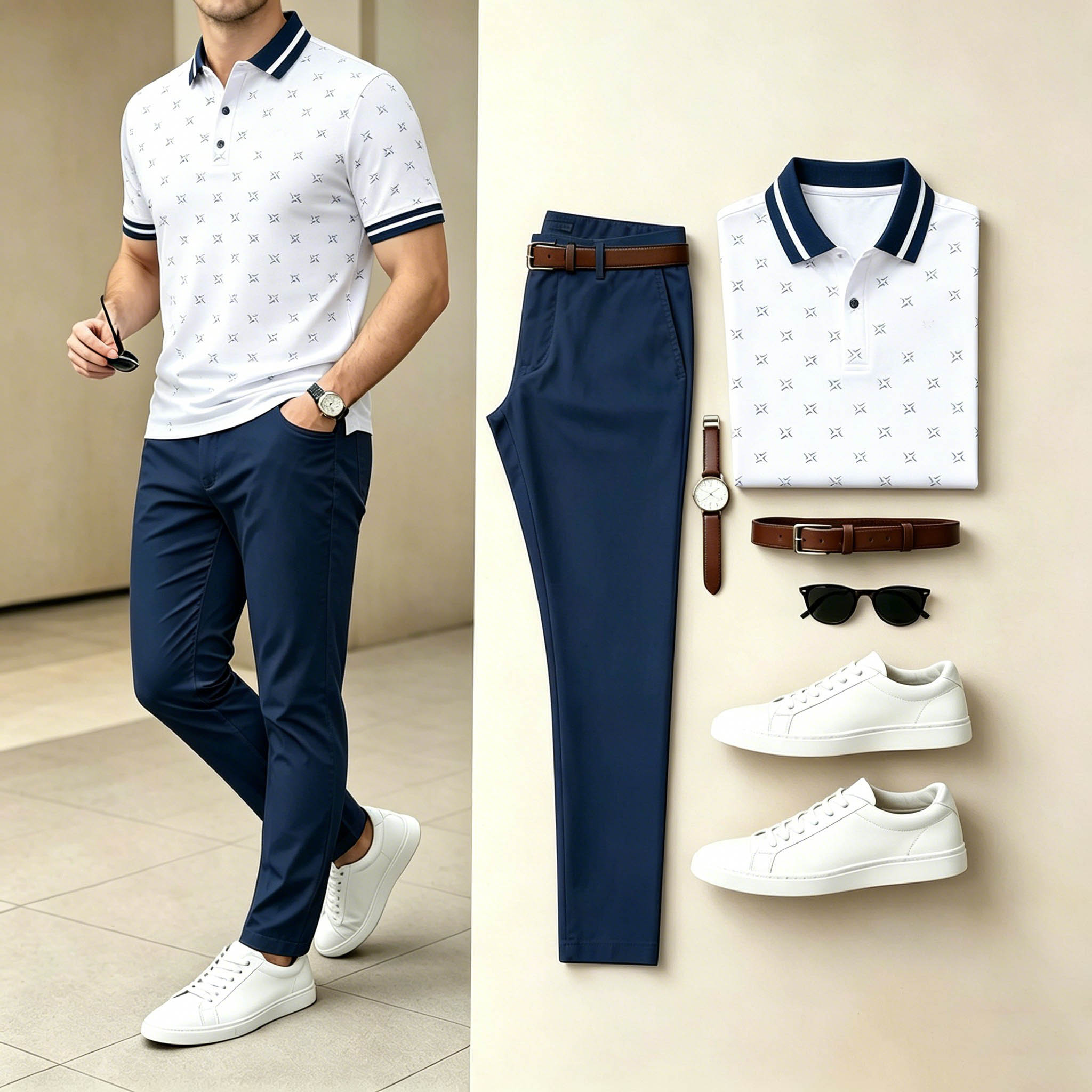 Conjunto de dos piezas casual Tiny Logo Pattern White camisa polo & Long pantalón para hombre