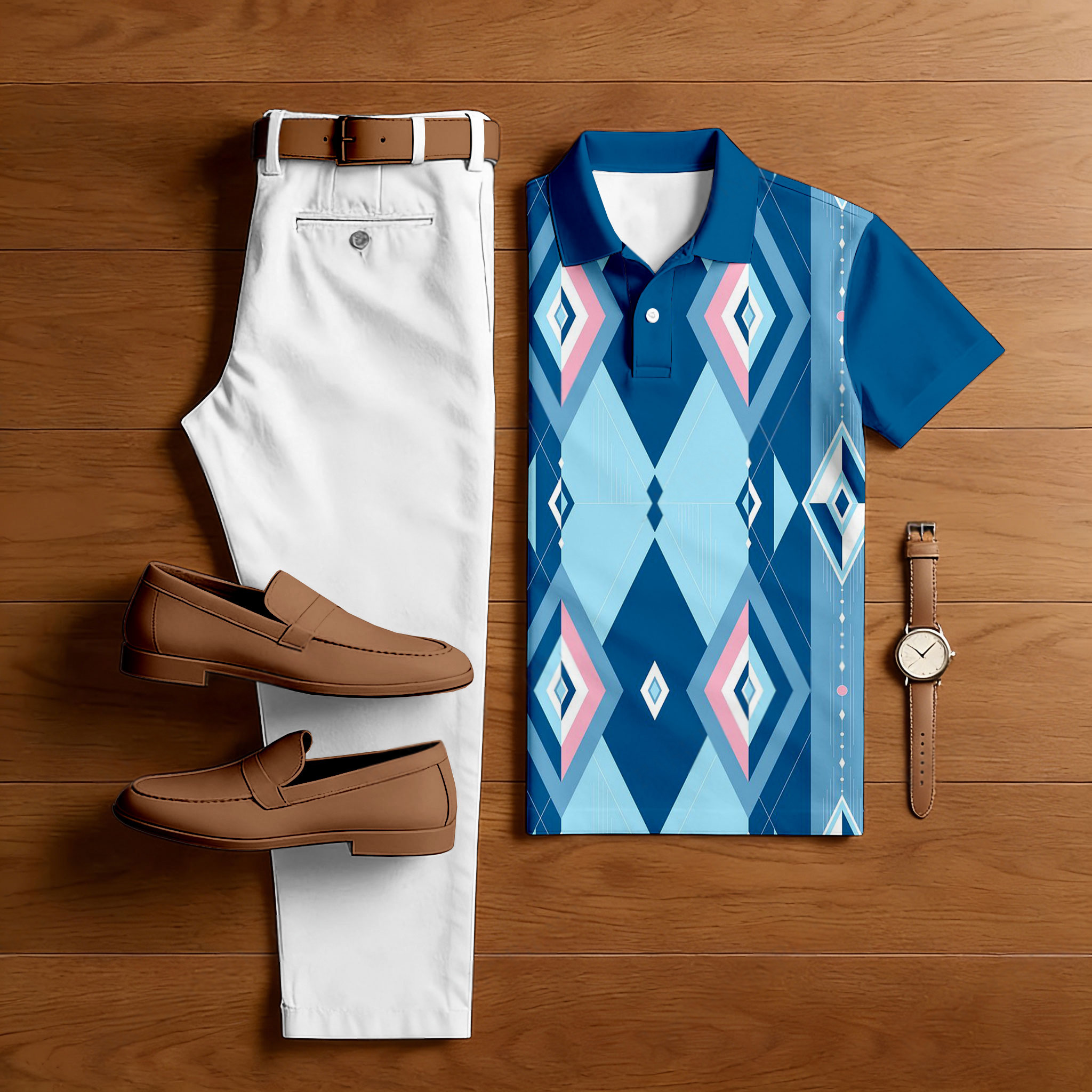 Conjunto de dos piezas casual Dark Blue estampado camisa polo And pantalón para hombre