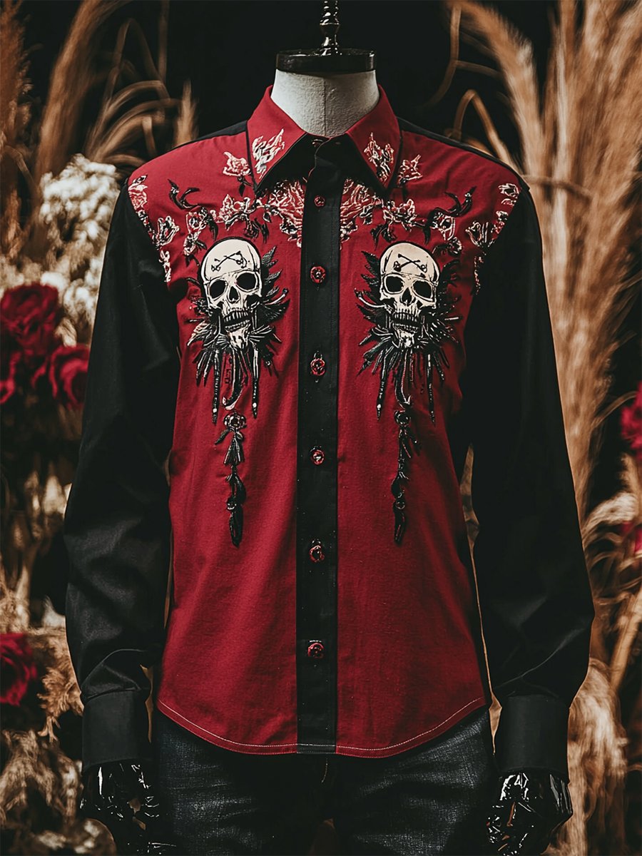 Camisa retro casual Skull estampado de manga larga para hombre