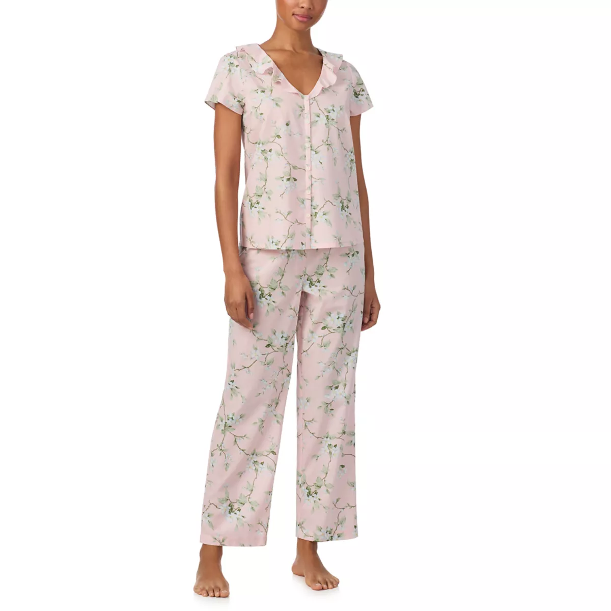 Short Sleeve Ruffle Neck Ankle Pant Pajama Set - 1