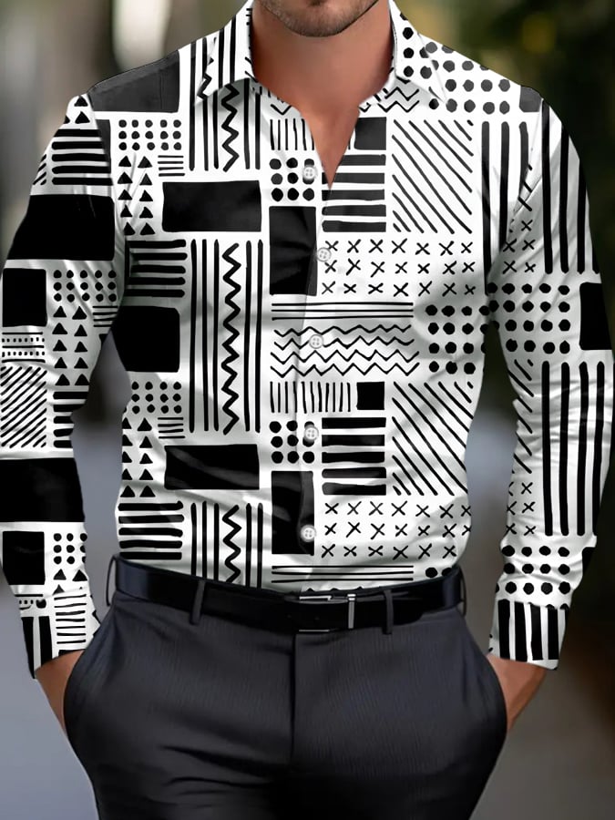 Camisa ejecutivo casual geométrico estampado de manga larga para hombre