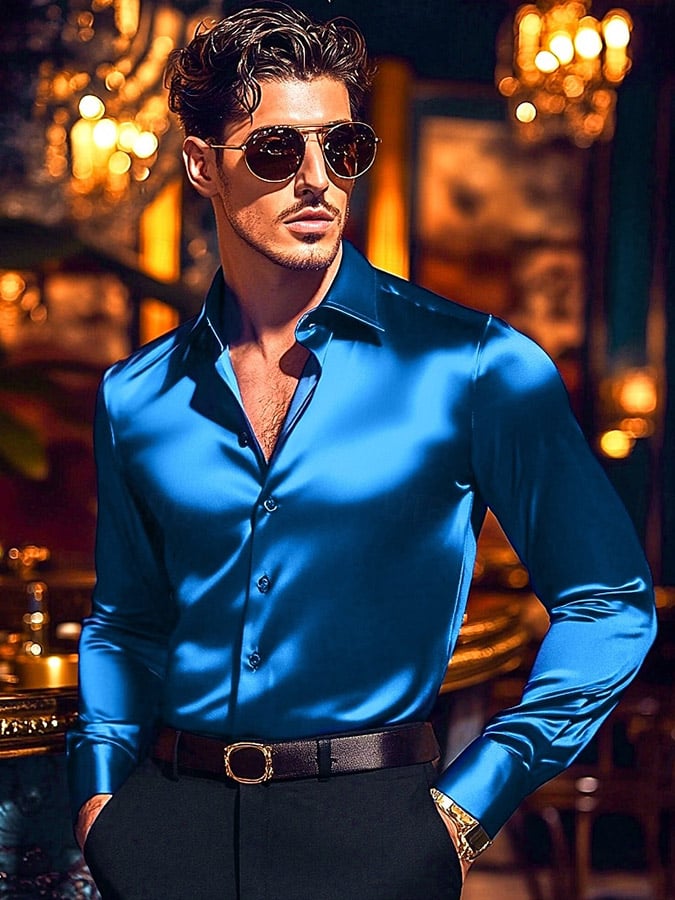 Camisa Luxe Solid satén de manga larga para hombre