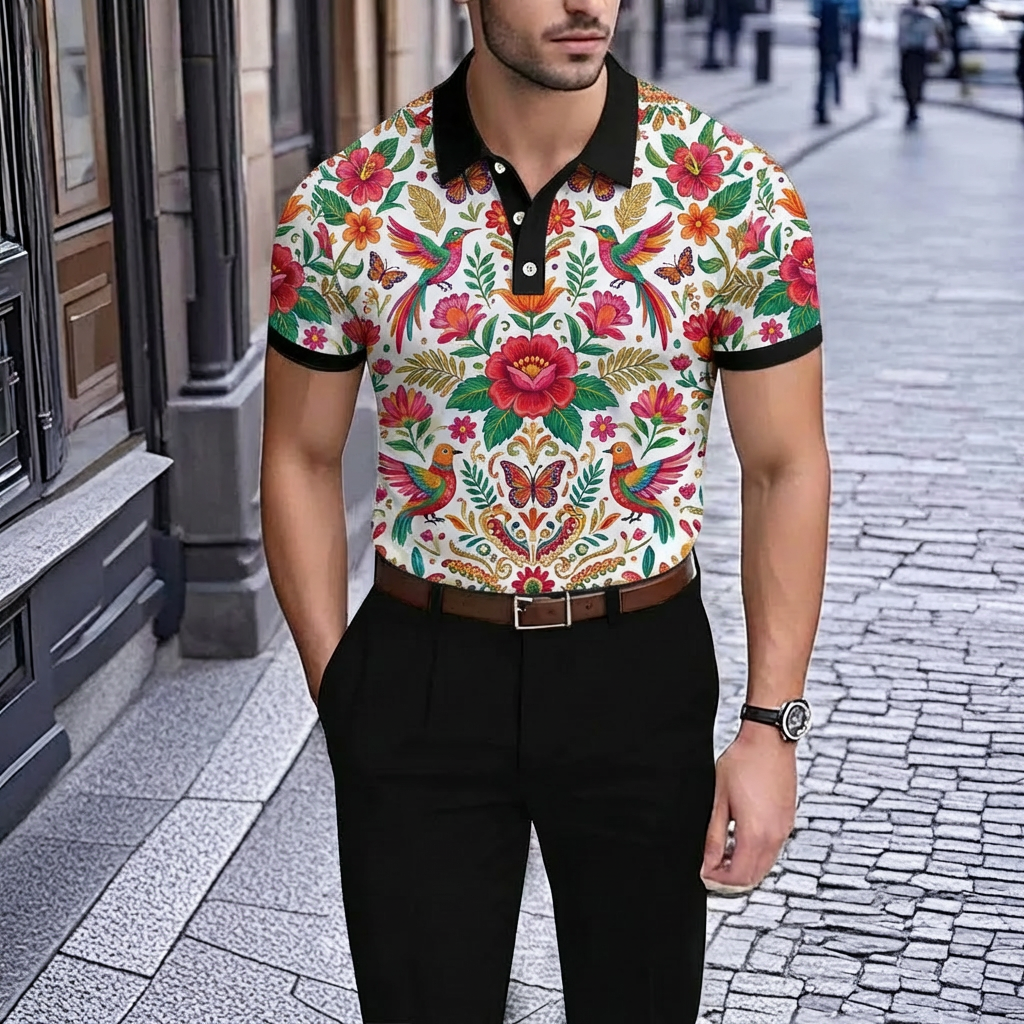 Camisa polo retro White floral estampado de manga corta para hombre