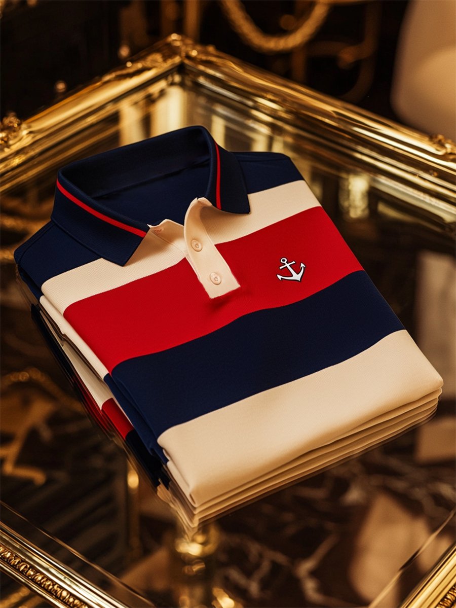 Camisa polo ejecutivo rayas Logo con botones de manga corta para hombre