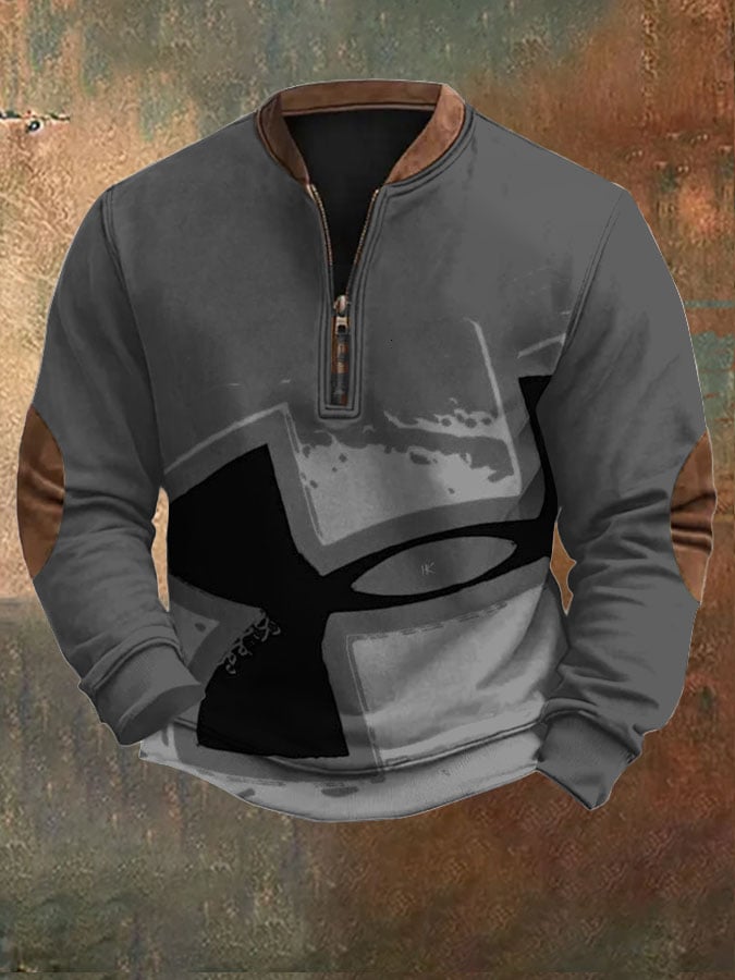 Sudadera retro Western estampado Zip cuello para hombre