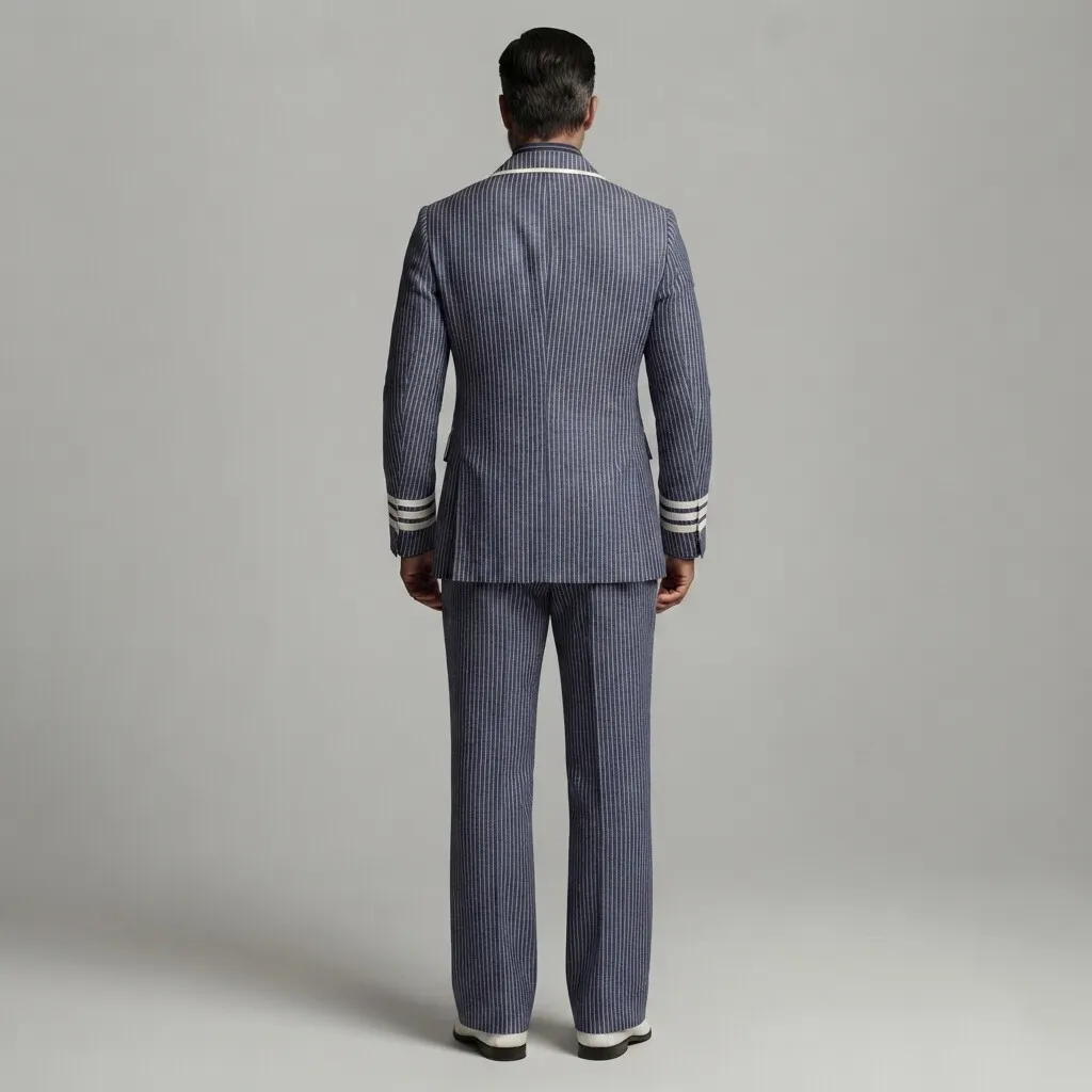 Saco formal Navy Blue Pinrayas estampado Contrast Piping Peak Lapel Double-Breasted & pantalón 2Pcs Suit para hombre