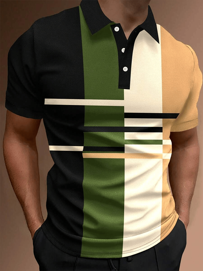 Camisa polo retro Contrast Design Button de manga corta casual para hombre