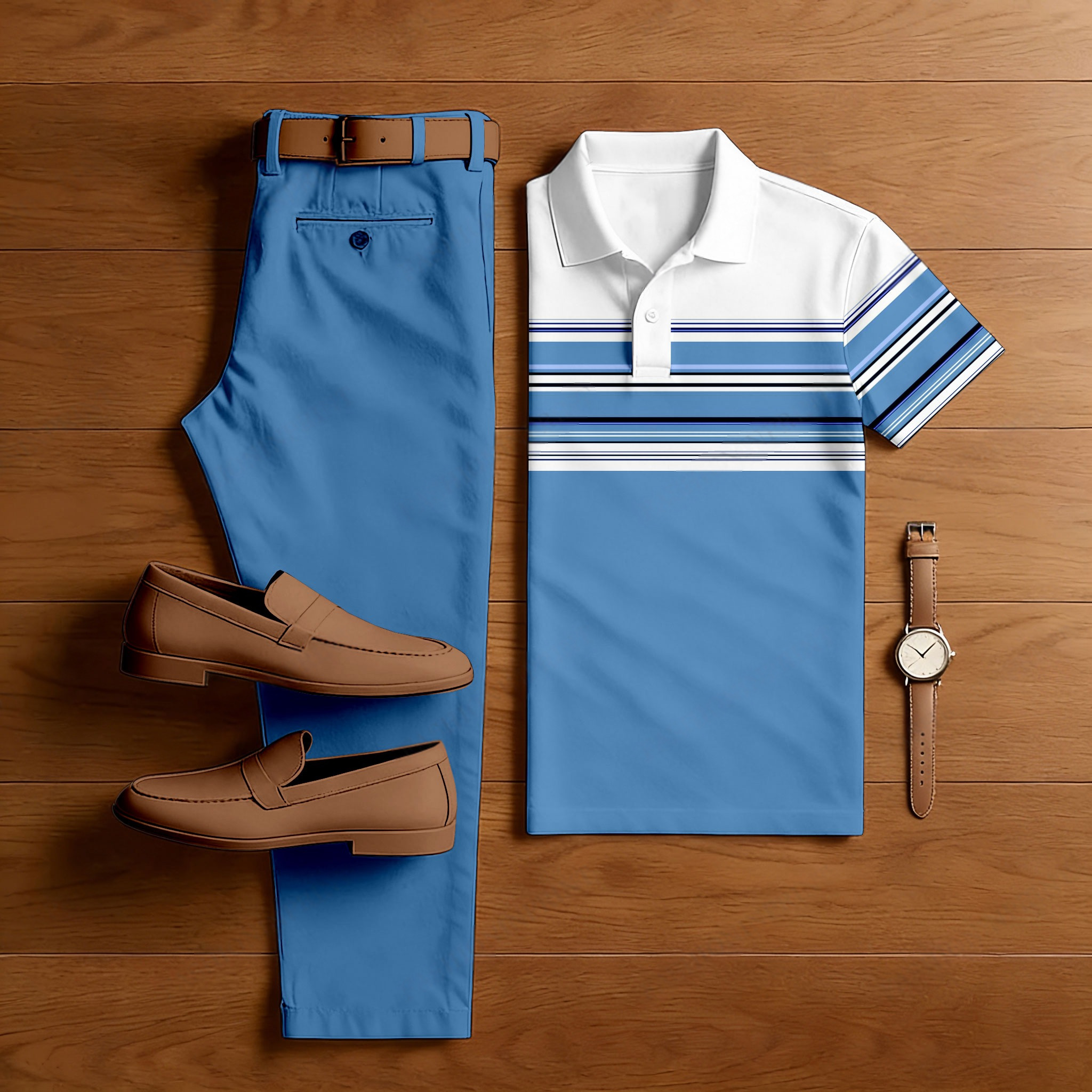 Conjunto de dos piezas casual Blue & White rayas estampado camisa polo And Trousers para hombre