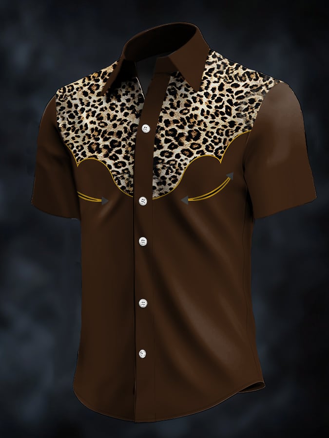 Camisa retro Western Contrast estampado de manga corta casual para hombre