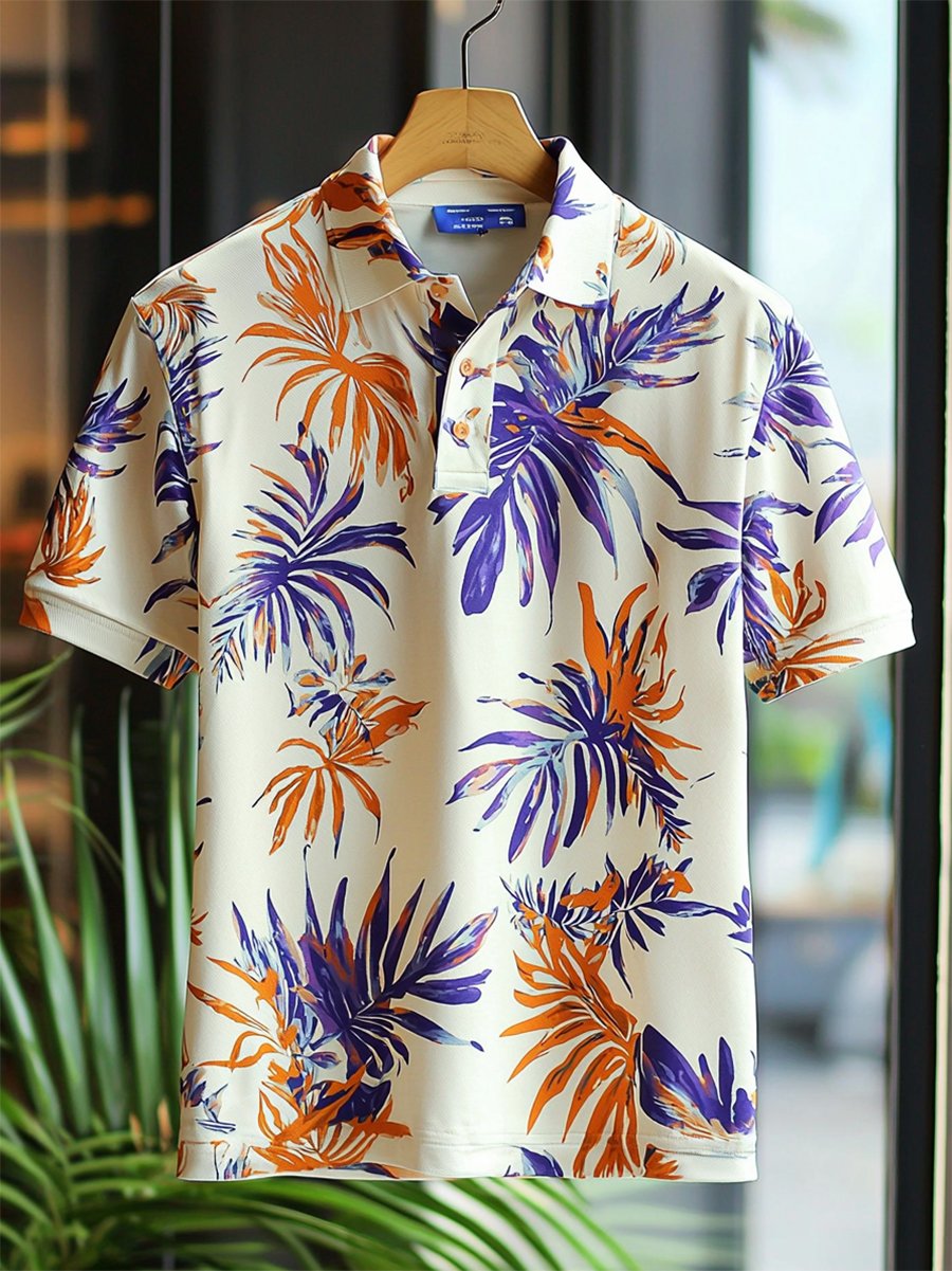 Camisa polo Resort floral estampado Button de manga corta para hombre