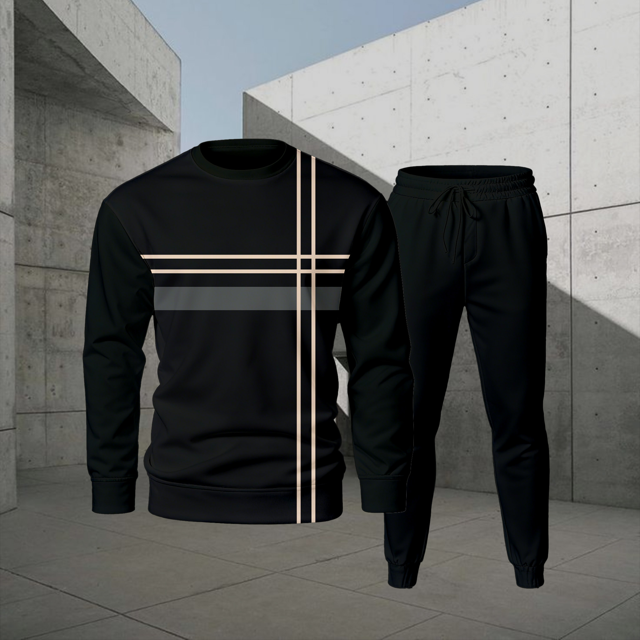 Conjunto de dos piezas casual Color Matching estampado Round-Neck de manga larga sudaderas Trousers para hombre