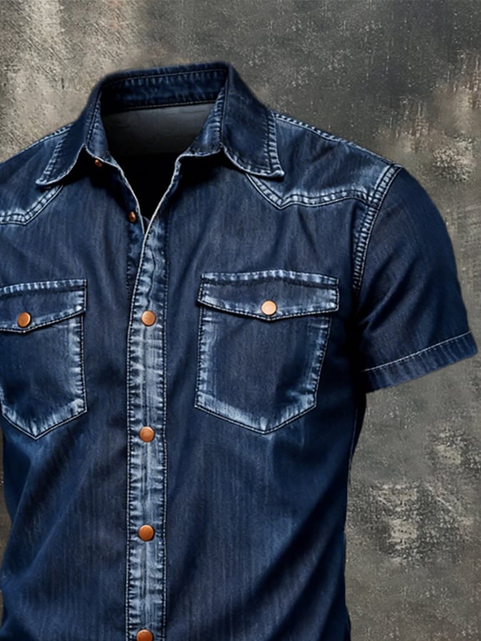 para hombre retro en bloques de color Denim de manga corta camisa