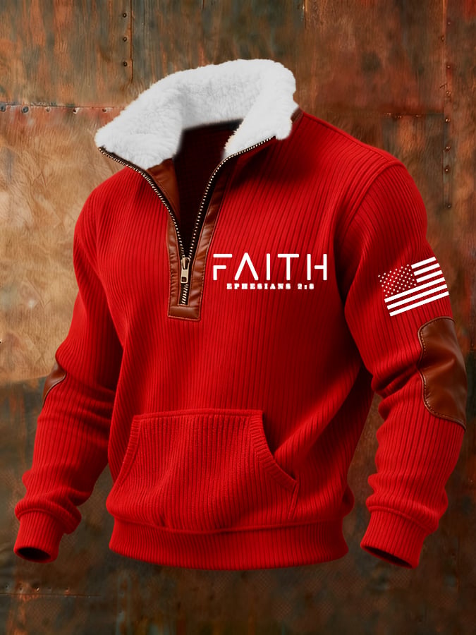 Sudadera retro Faith Cross estampado cierre Fur cuello de manga larga para hombre