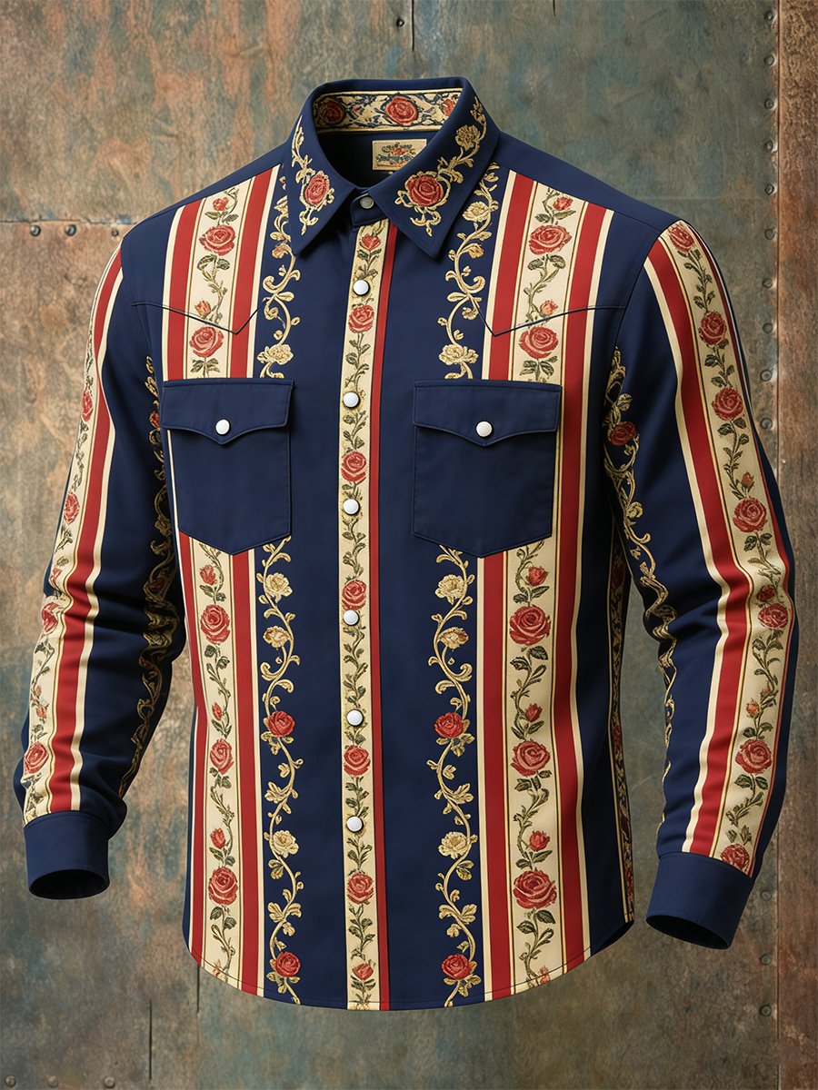 Camisa vintage a rayas Rose Western de manga larga para hombre
