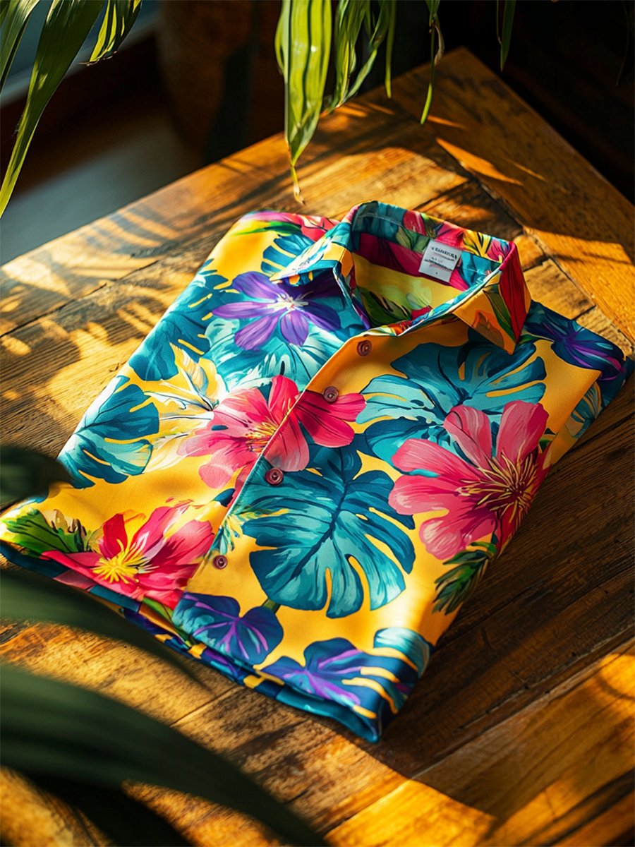Camisa satén Luxe hawaiano estampado de manga corta Button para hombre