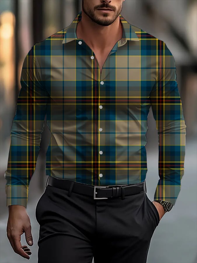 Camisa clásico ejecutivo a cuadros rayas estampado de manga larga para hombre
