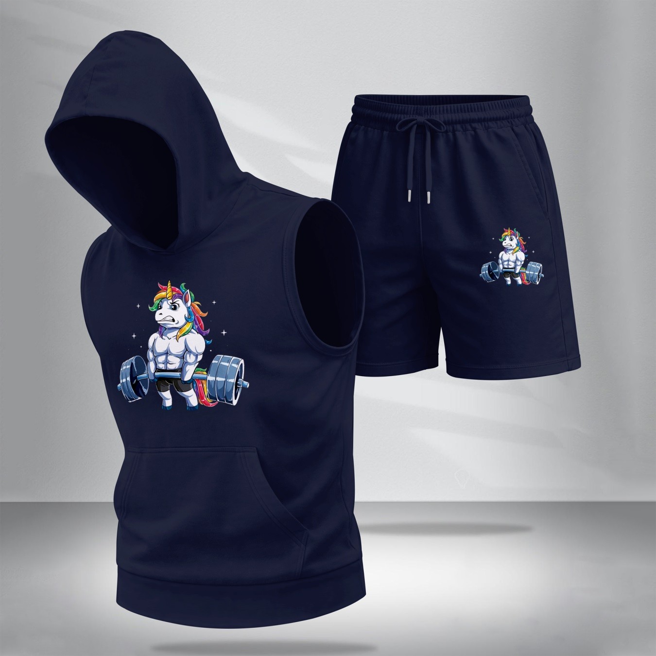 Sudadera con capucha Sleeveless & shorts Set – Muscle Unicorn estampado, casual Summer Two-Piece Outfit, Regular Fit Athletic Streetwear, TikTok Trending Gym de moda, Lightweight Summer Activewear para hombre