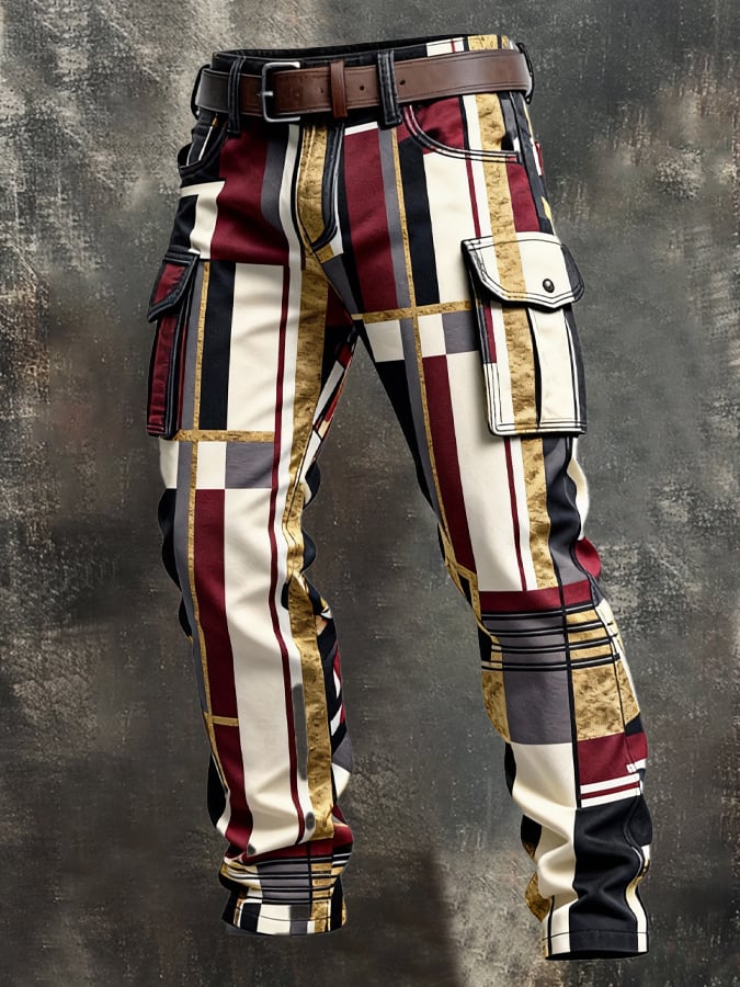 Pantalón retro en bloques de color desgastado bolsillo Cargo para hombre