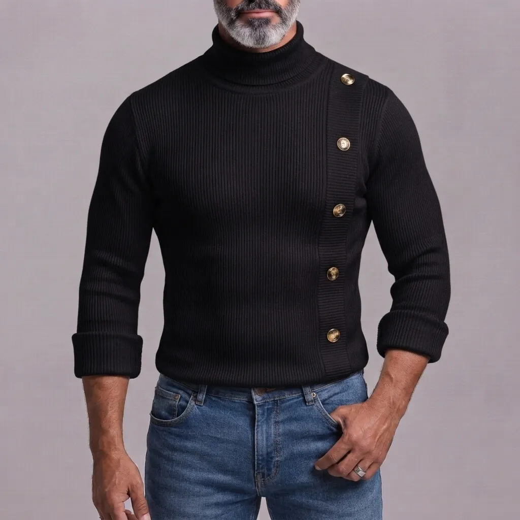 para hombre White Ribbed tejidoted Turtleneck Asymmetric Button Slim-Fit de manga larga camiseta