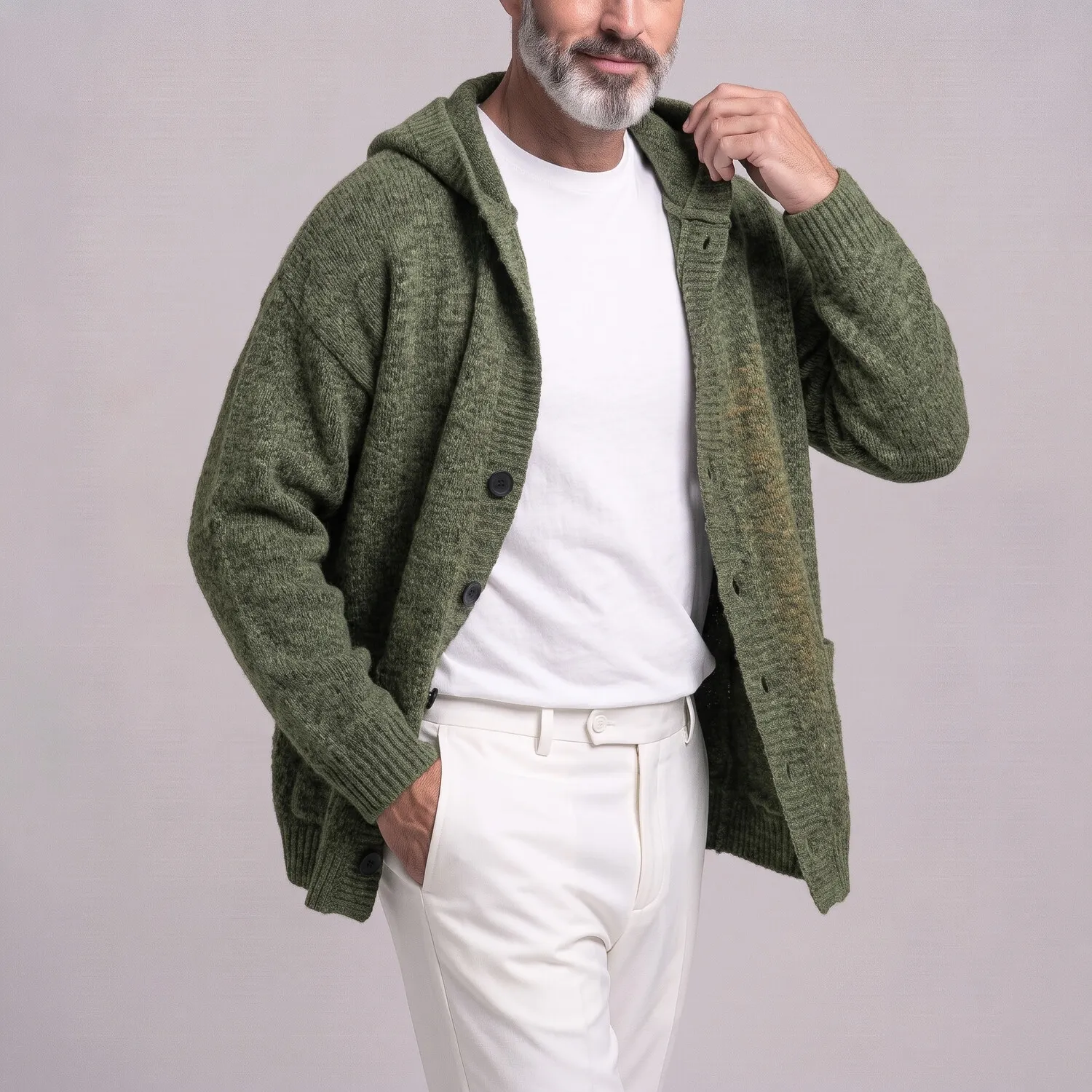 para hombre casual de color sólido Single Breasted Pockets Drop Shoulder holgado tejido Hooded Cardigan