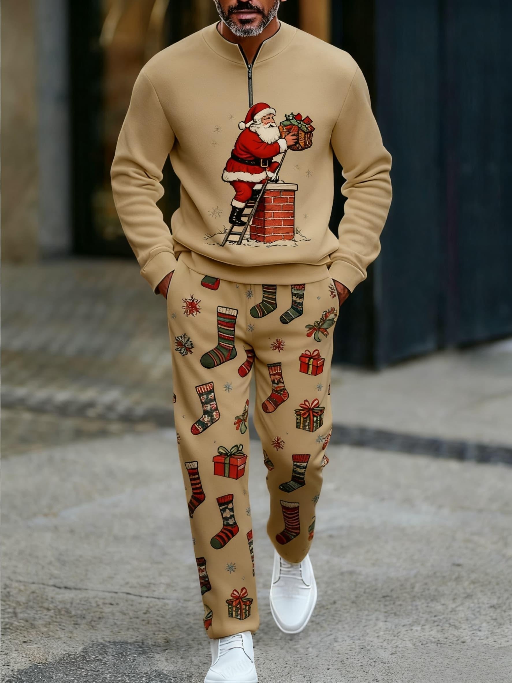 Conjunto de dos piezas Christmas estampado Round-Neck cierre de manga larga Trousers para hombre