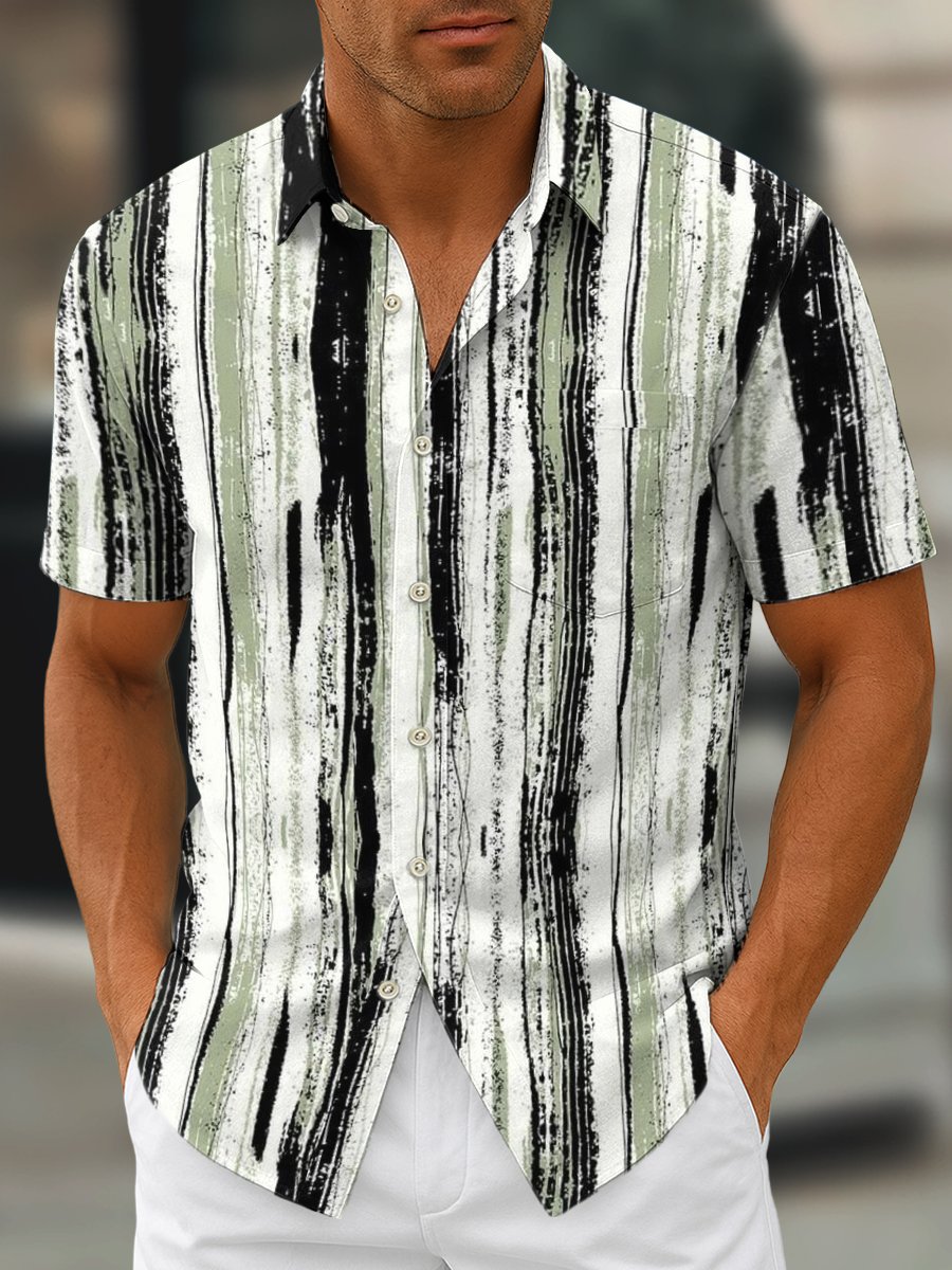 Camisa retro geométrico Art estampado solapa de manga corta para hombre