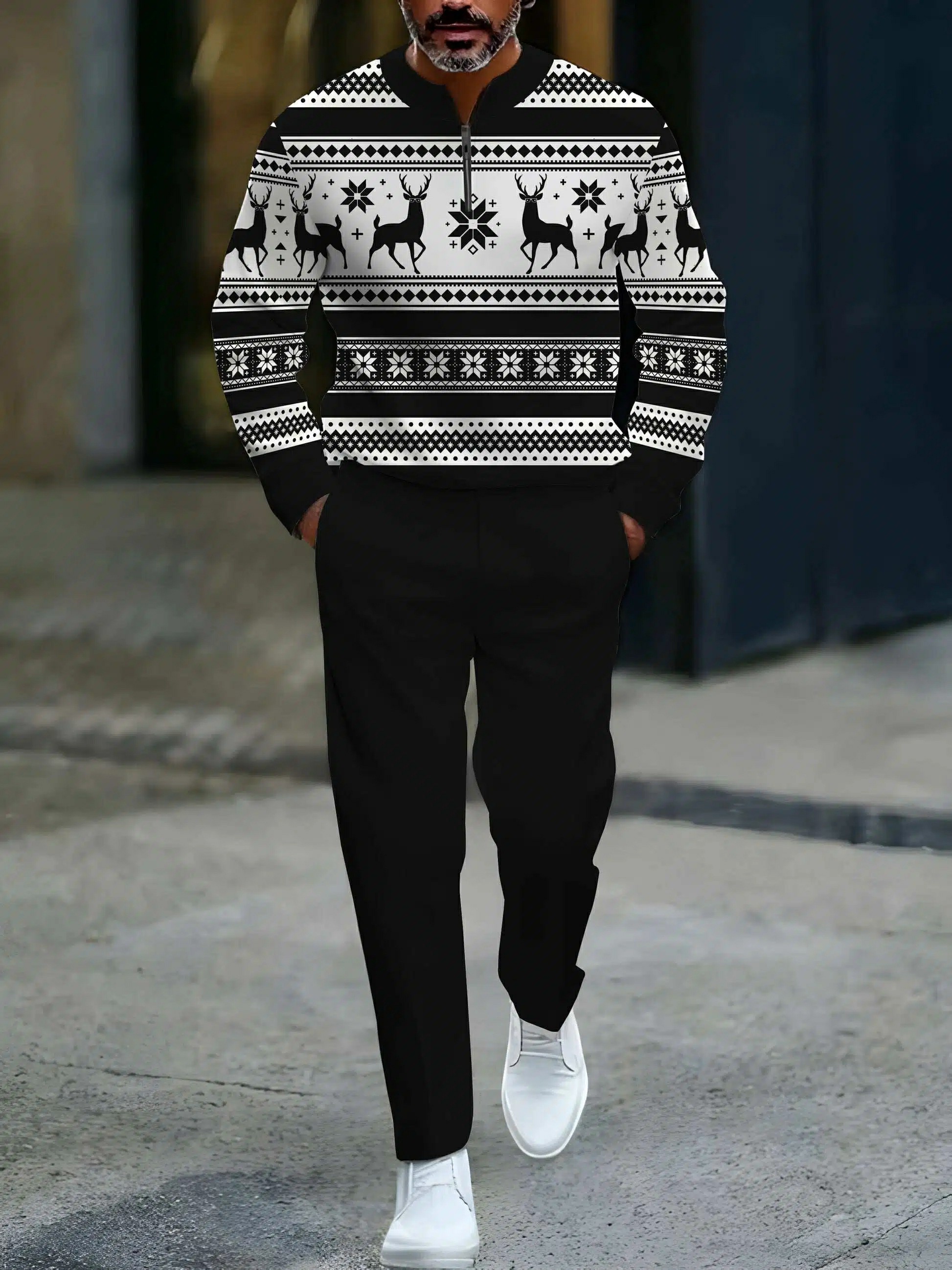 Conjunto de dos piezas casual Black & White Color Matching Christmas Elk Pattenr Round-Neck cierre de manga larga sudadera & Trousers para hombre