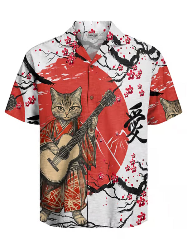 Camisa vintage Ukiyo-e estampado cubano cuello para hombre