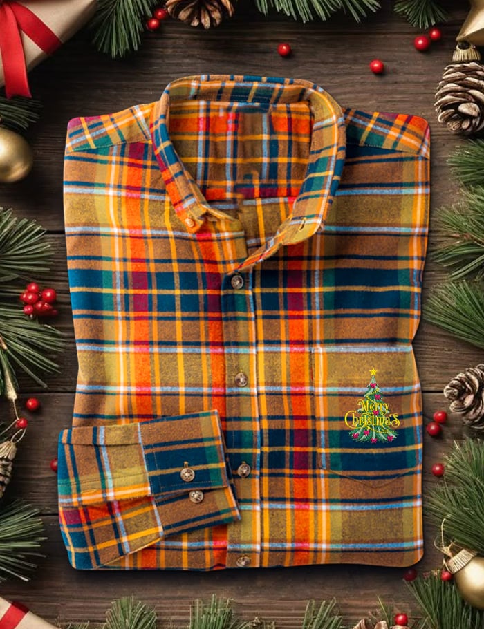 Camisa retro casual Christmas Art de manga larga para hombre