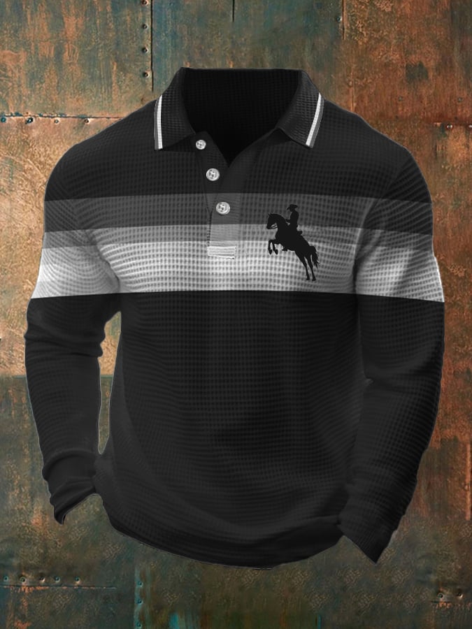 Camisa polo retro Lettering Design Waffle Fabric de manga larga para hombre