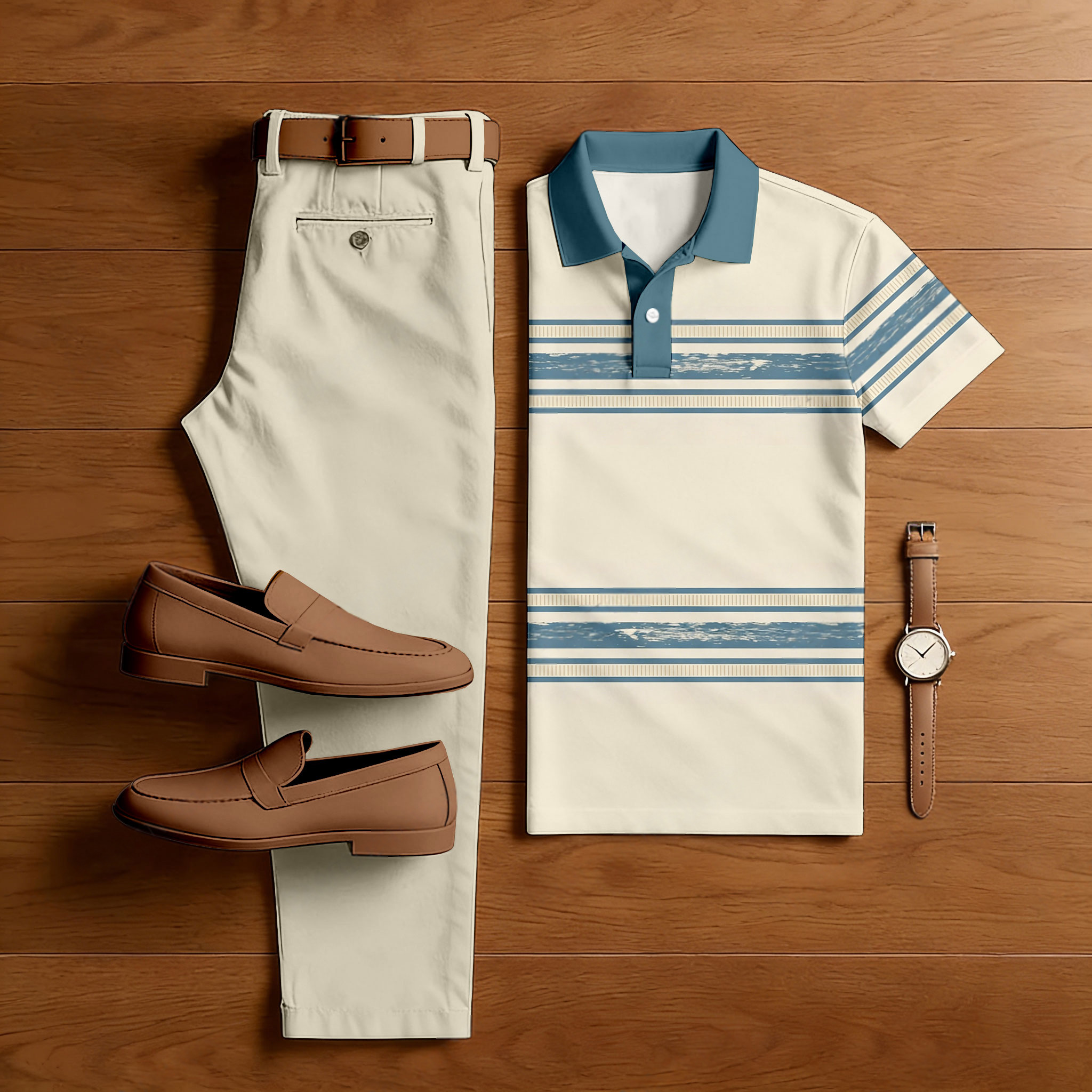 Conjunto de dos piezas casual Beige & Blue Color Matching a rayas estampado de manga corta camisa polo & Trousers para hombre