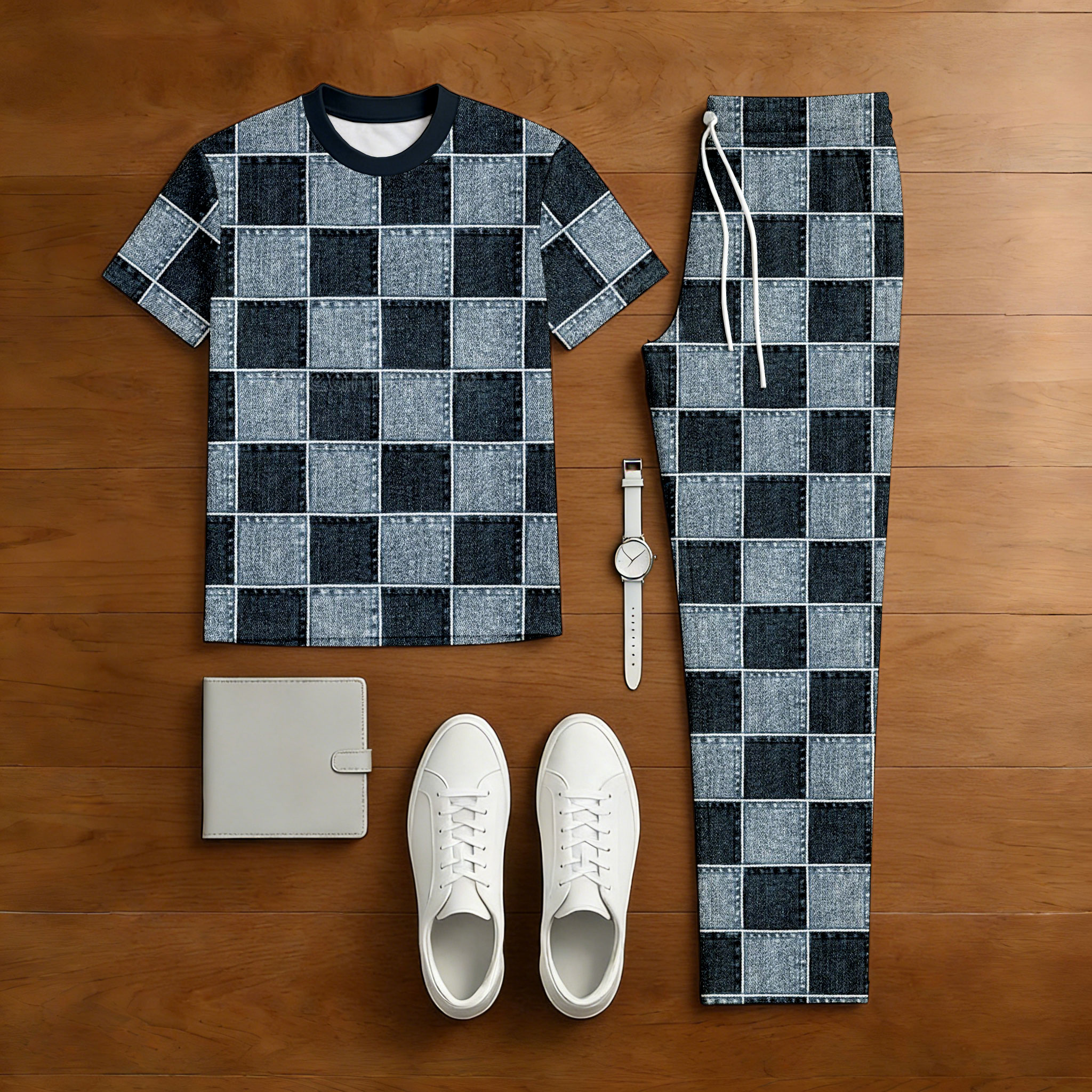 Conjunto de dos piezas casual Denim Blue Color Matching Checkered estampado de manga corta camiseta & Trousers para hombre