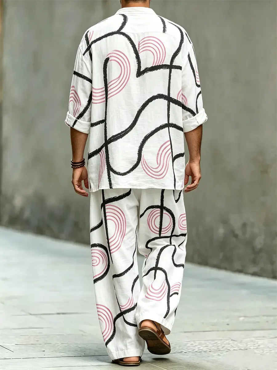 para hombre elegante Abstract Art Print de algodón camisa Set