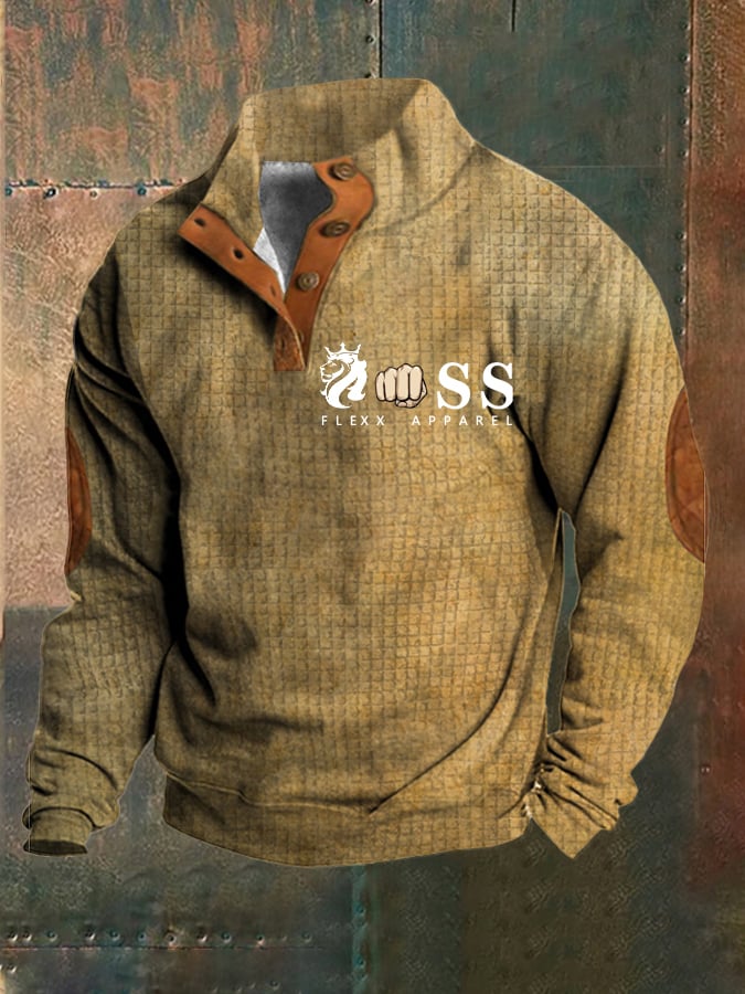 Sudadera vintage Lettering estampado Stand cuello Check Button para hombre