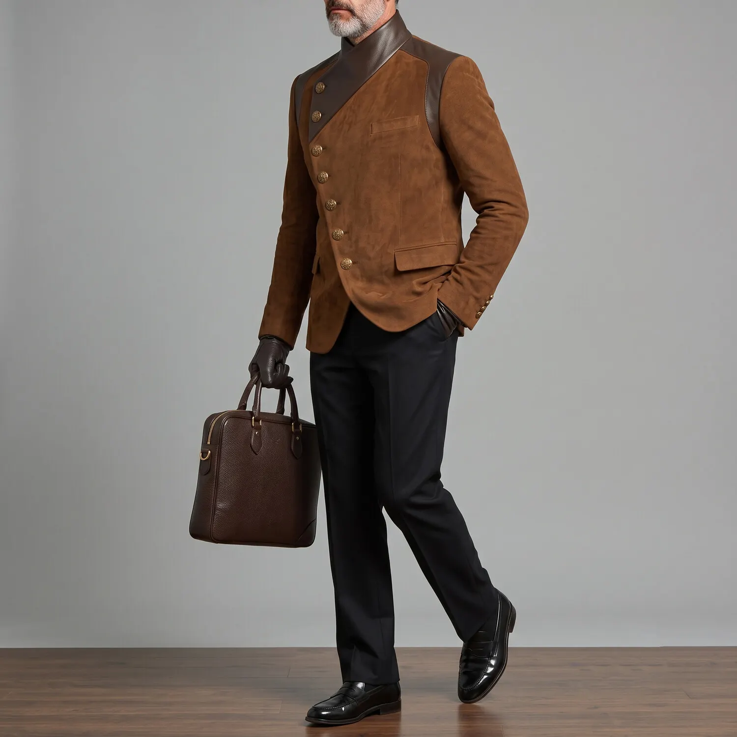 para hombre vintage Asymmetric Oblique Button PU Leather Contrast Spliced Suede Stand Collar de manga larga chaqueta